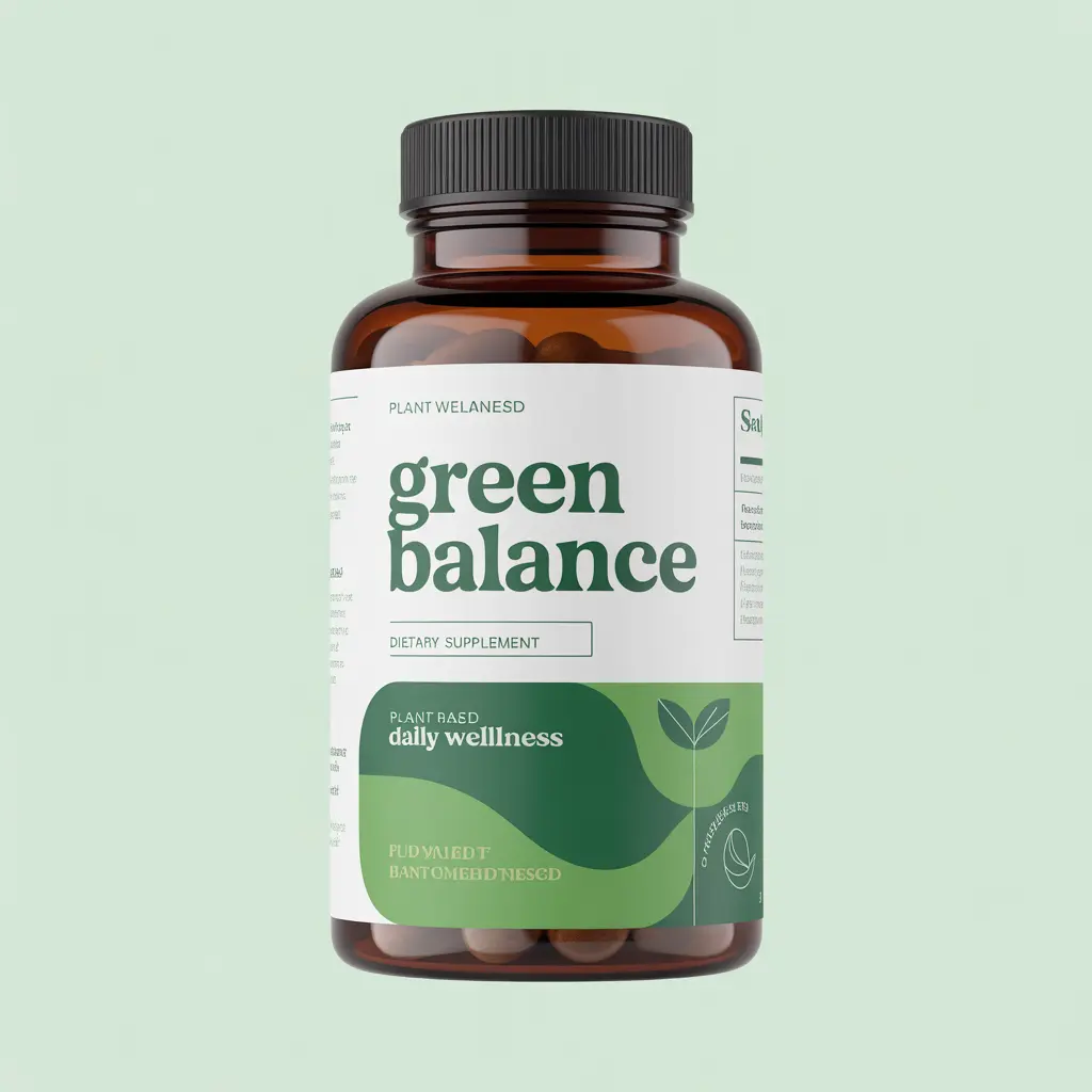 Green Balance dietary supplement bottle with plant-based ingredients for daily wellness